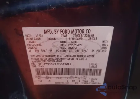 2007 Ford F-150 Fx4/Lariat/Xlt из США, поврежденный, VIN 1FTPW14V57FA41255